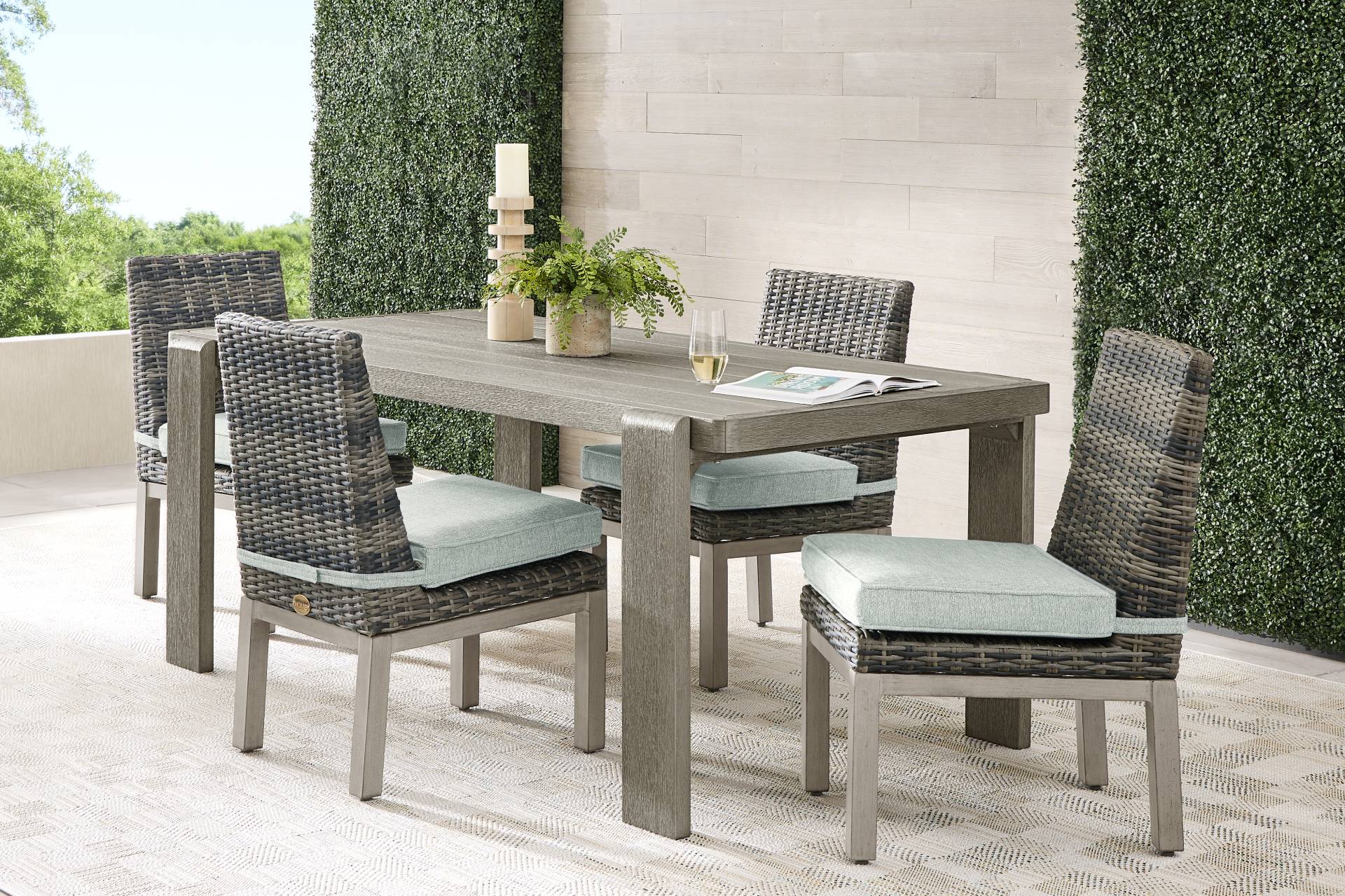 Montecello Gray 5 Pc Outdoor Dining Set with Mist Cushions full room