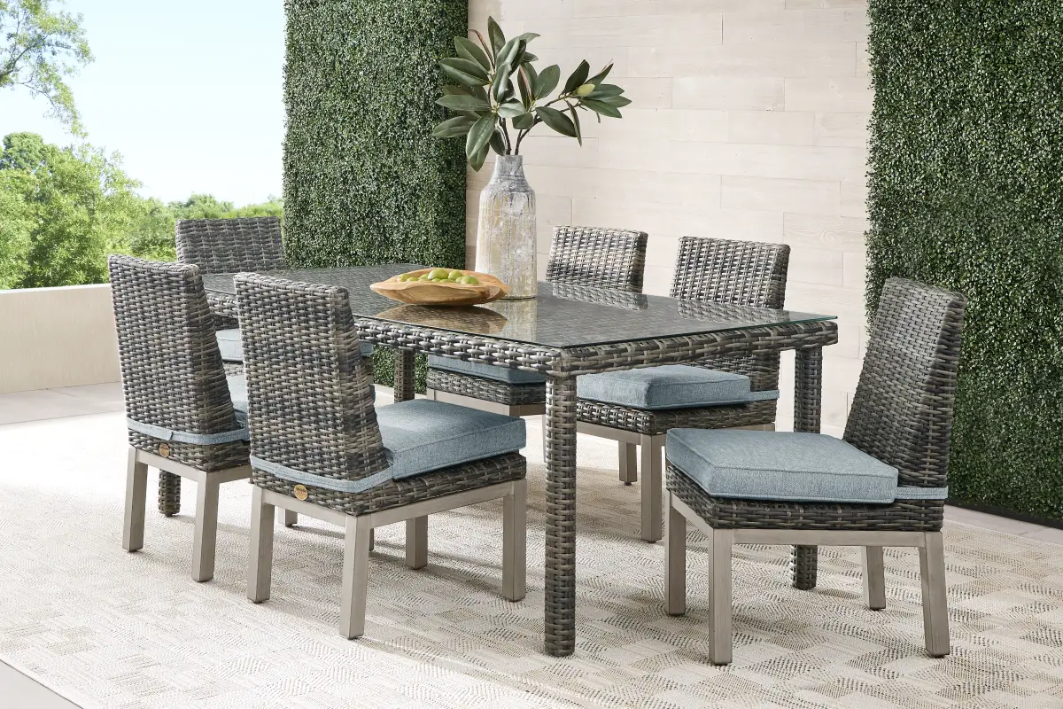 Montecello Gray 7 Pc Outdoor Dining Set with Azure Cushions