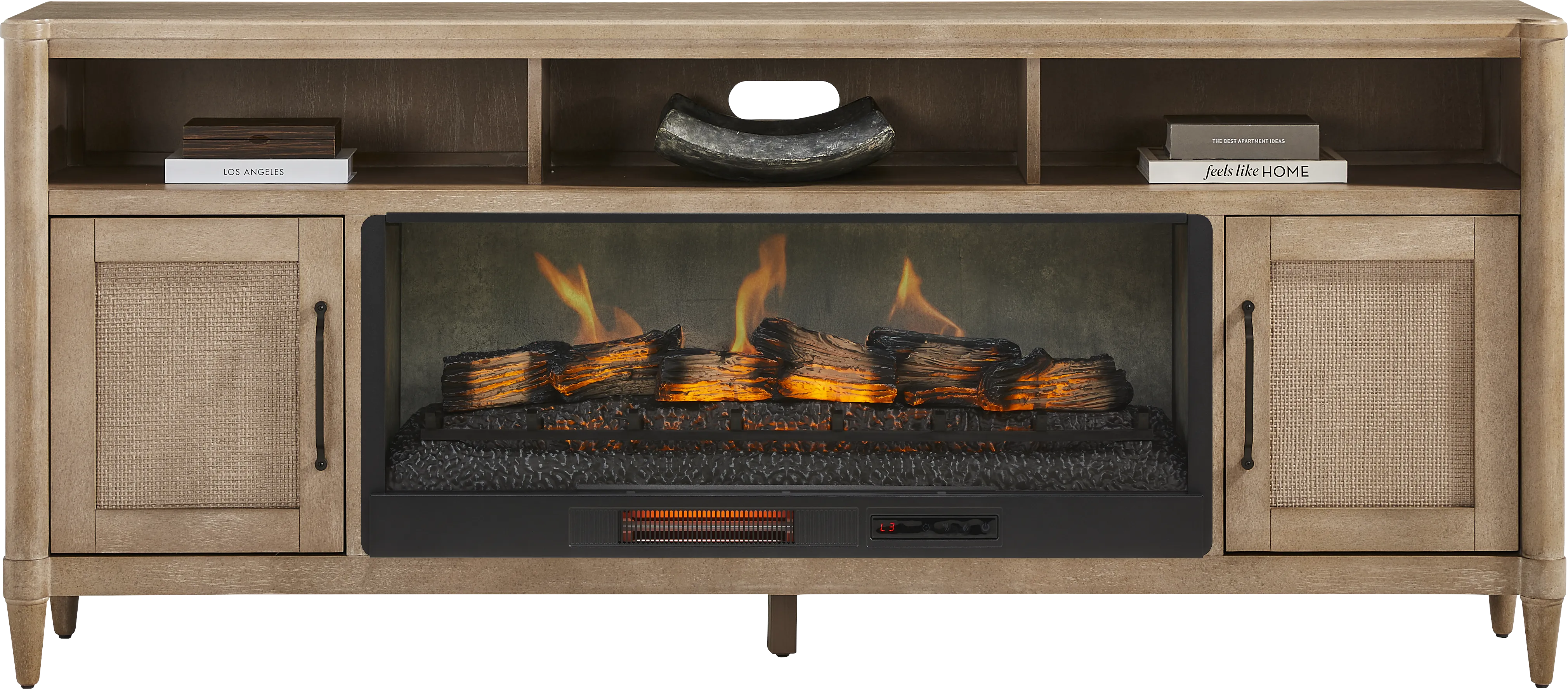 Oakwood Terrace Sand 80 in. Console with Electric Log Fireplace - Thumbnail - Image 1