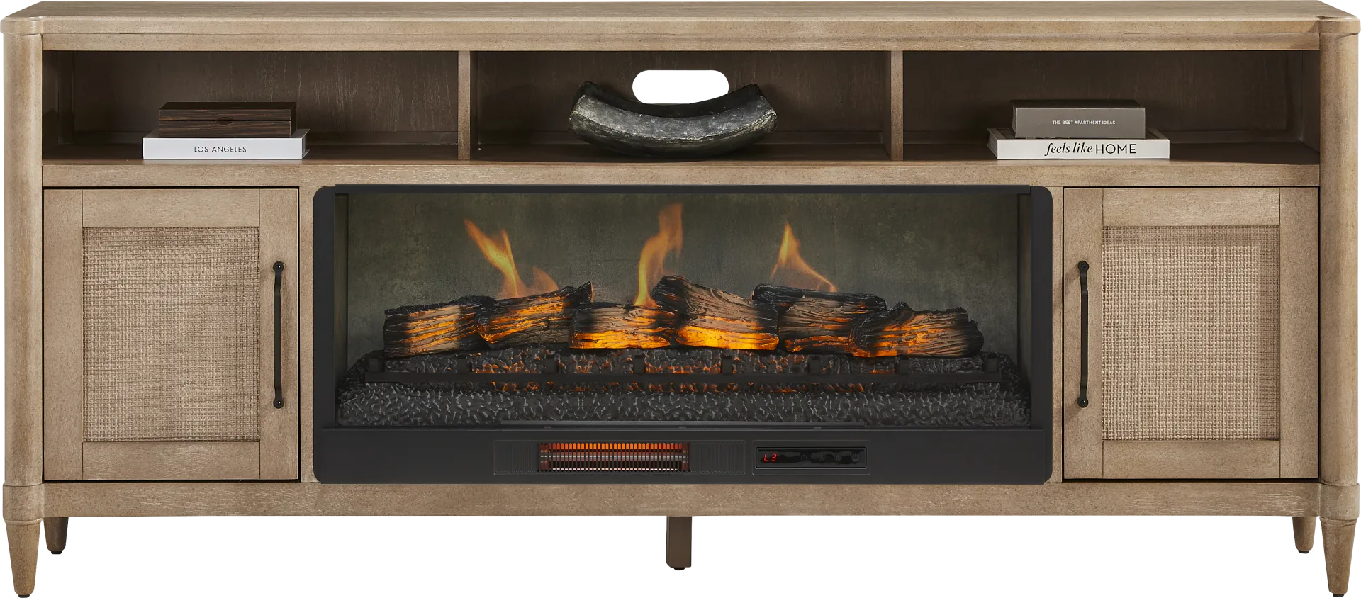 Oakwood Terrace Sand 80 in. Console with Electric Log Fireplace - Image 1