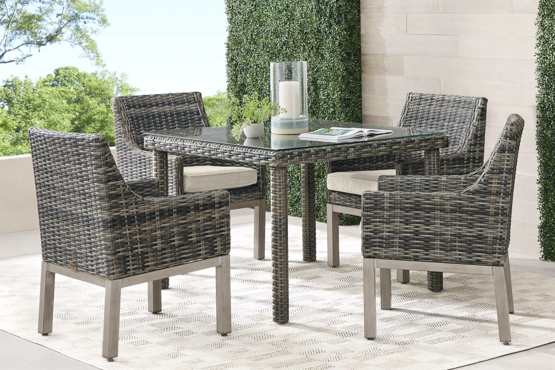 JHFC MONTECELLO 5PC SQ WICKER DINING PKG W/ A/C & INSIDE OUT TWINE CUSHION - Image 1