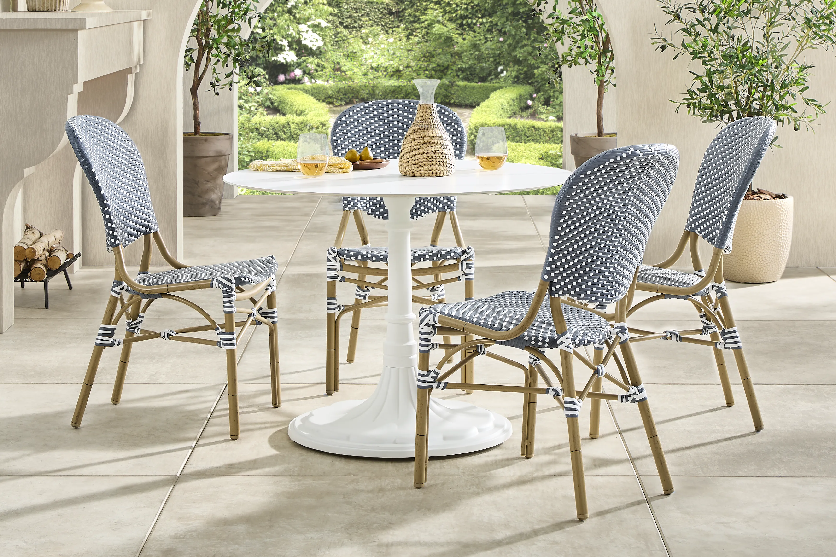 Juliette II White 5 Pc Outdoor Dining Set with Navy Chairs - Thumbnail - Image 1