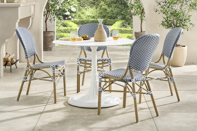 Juliette II White 5 Pc Outdoor Dining Set with Navy Chairs
