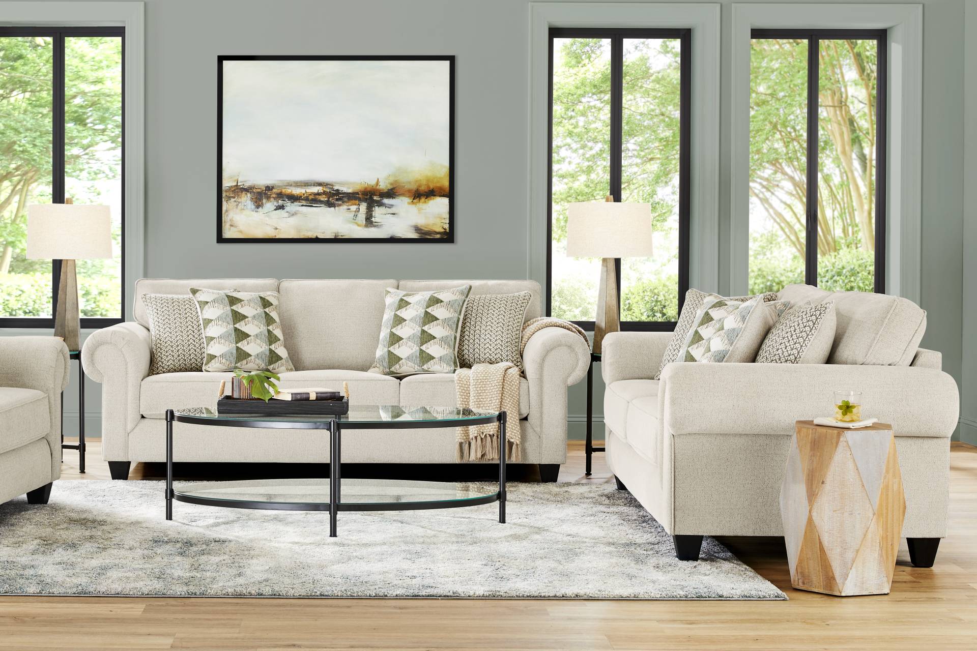 Hathaway Beige 7 Pc Living Room with Sleeper Sofa full room