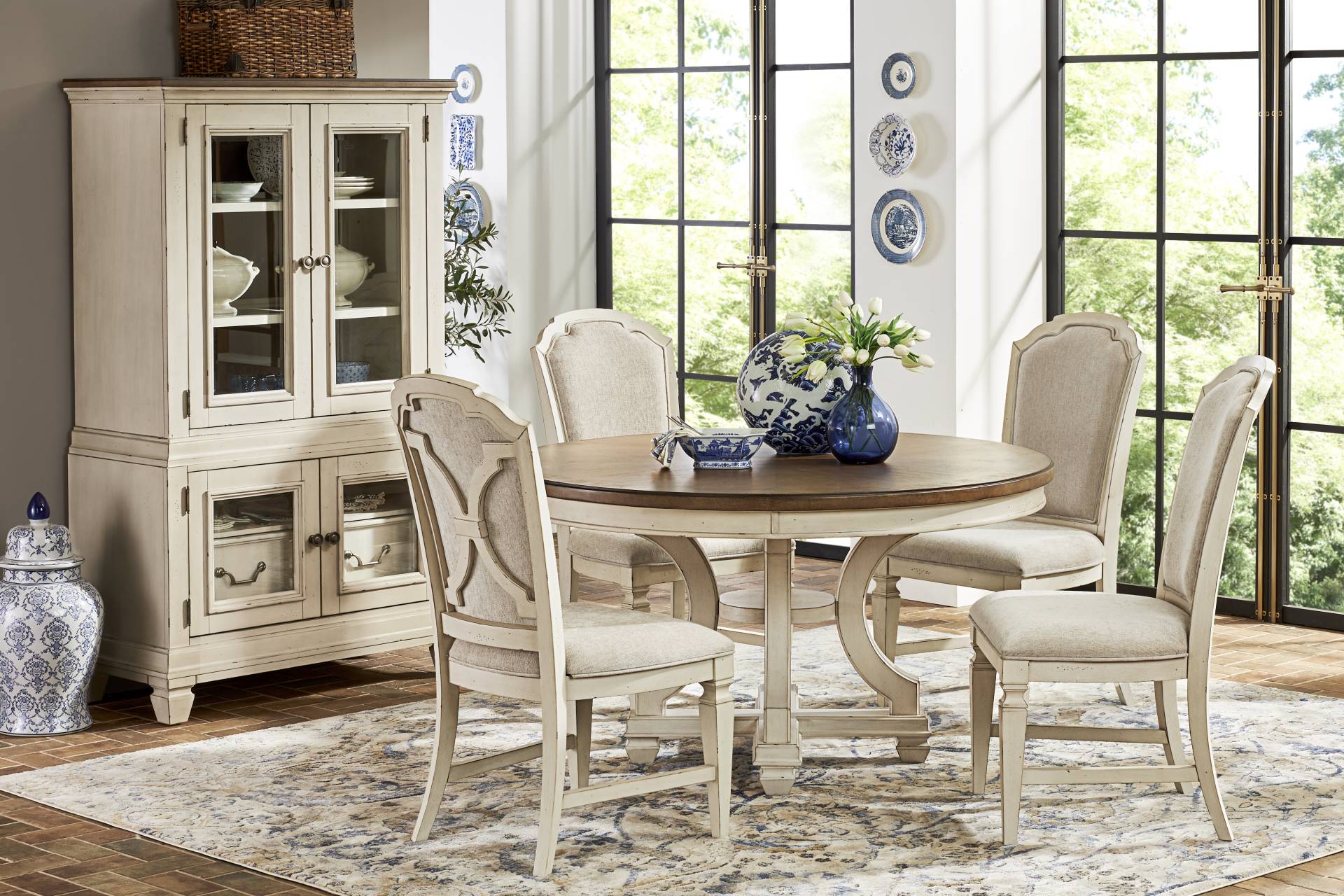 Provence Brown 5 Pc Round Dining Room with Upholstered Chairs full room