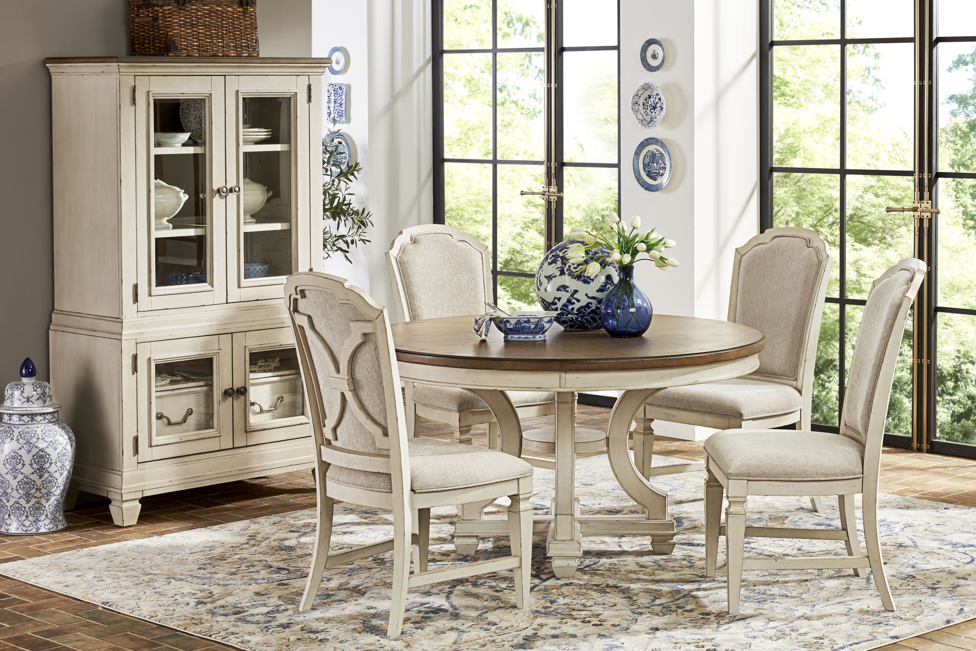 Provence Brown 5 Pc Round Dining Room with Upholstered Chairs - Image 1