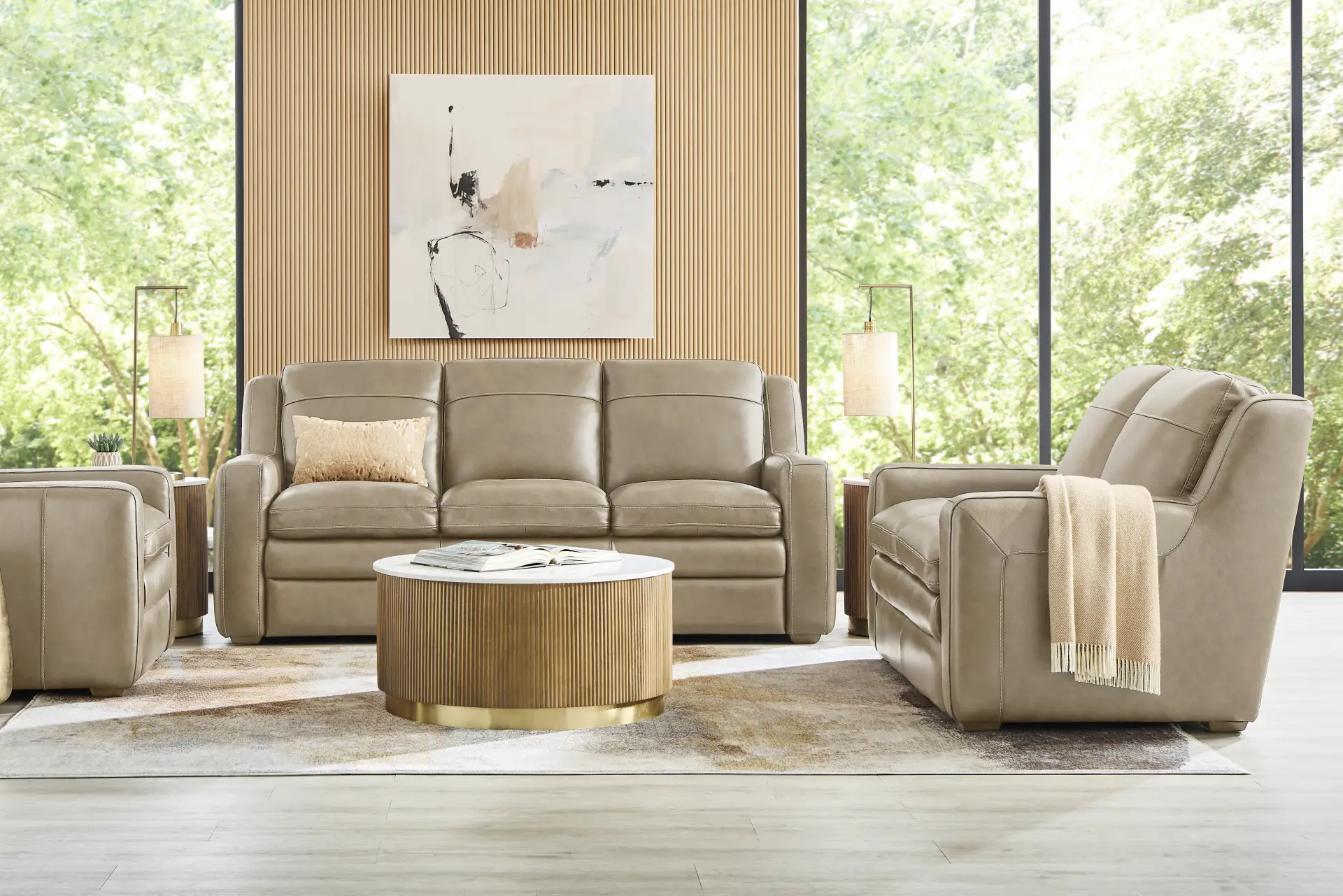 Salinger Beige Leather 5 Pc Living Room full room