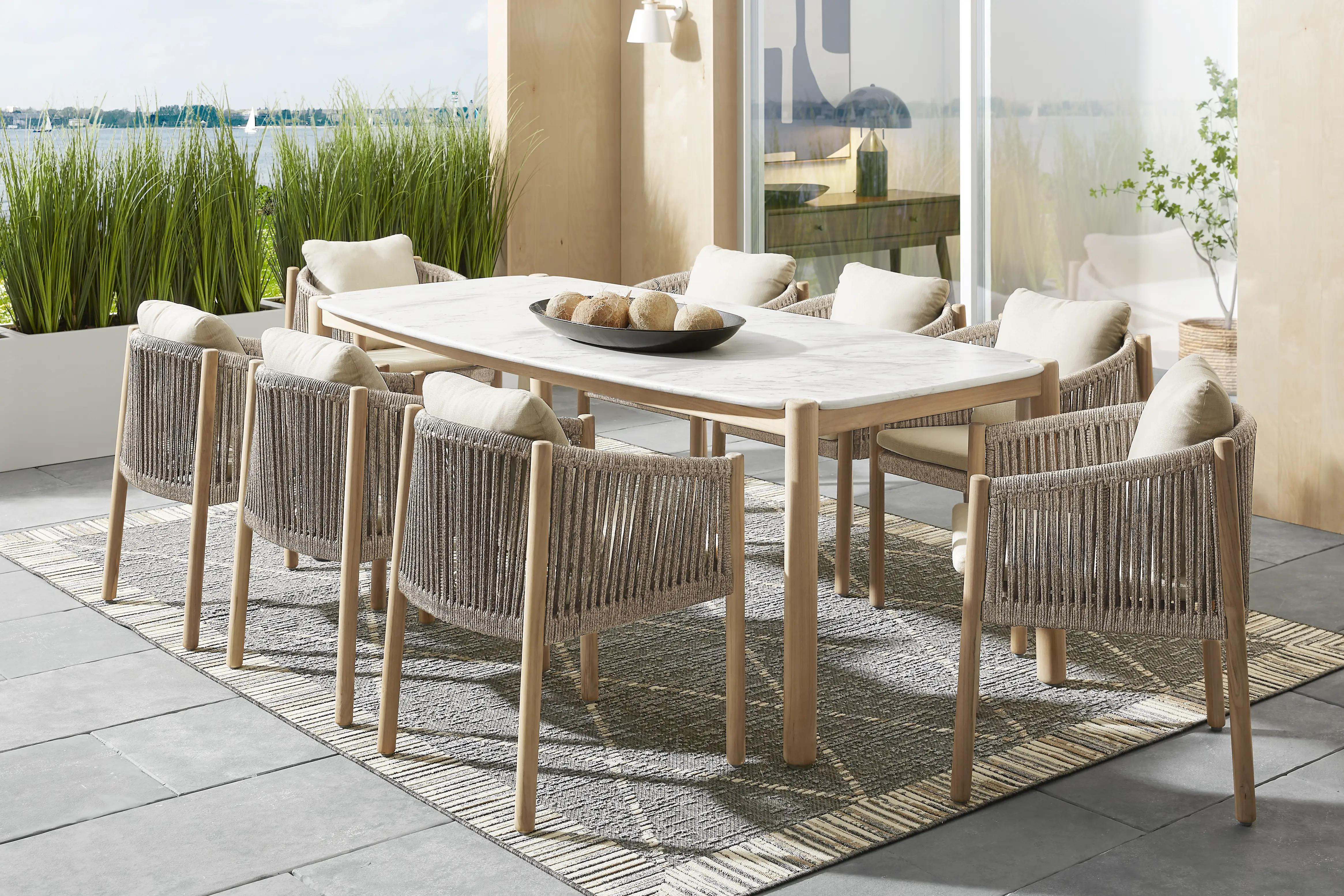 Koda Natural 9 Pc Outdoor Dining Set with Beige Arm Chairs - Thumbnail - Image 1