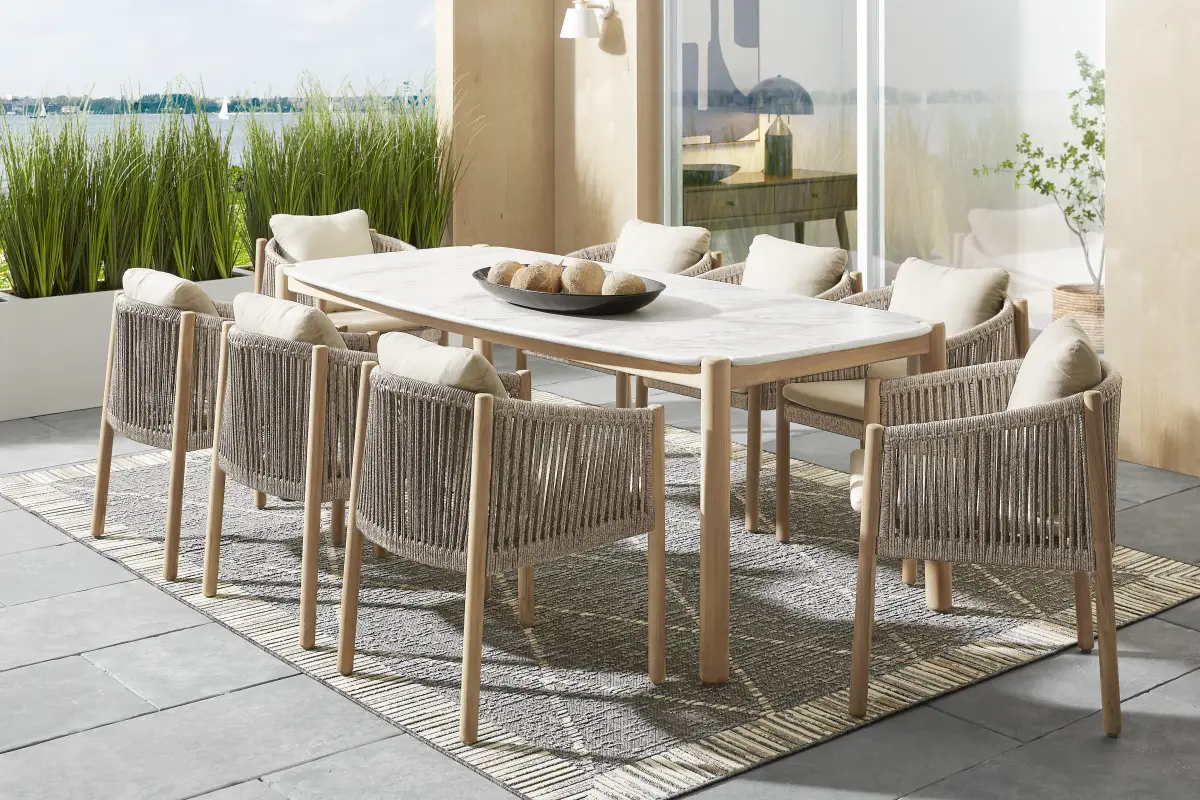 Koda Natural 9 Pc Outdoor Dining Set with Beige Arm Chairs