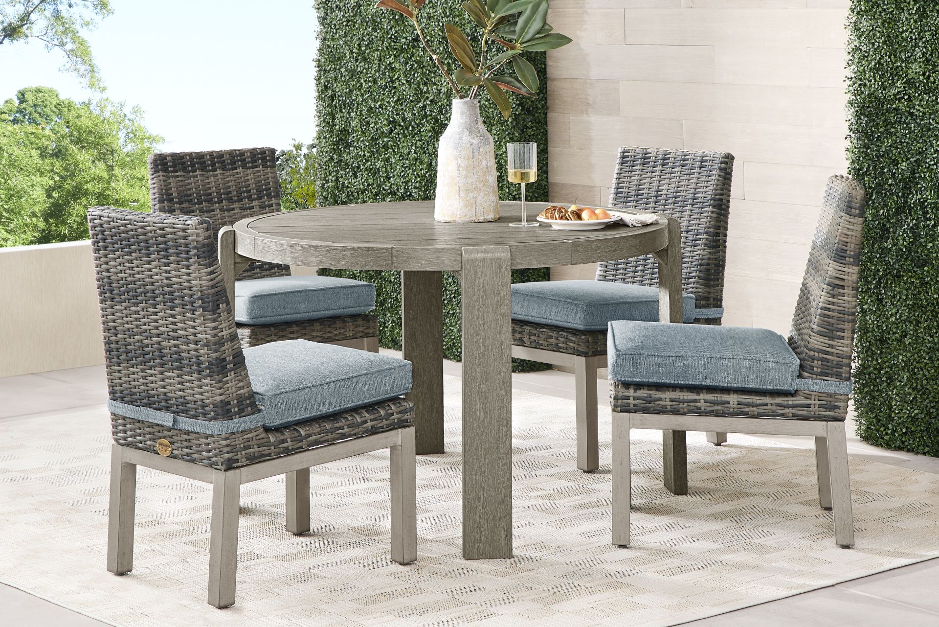 Montecello Gray 5 Pc Round Outdoor Dining Set with Azure Cushions - Image 1