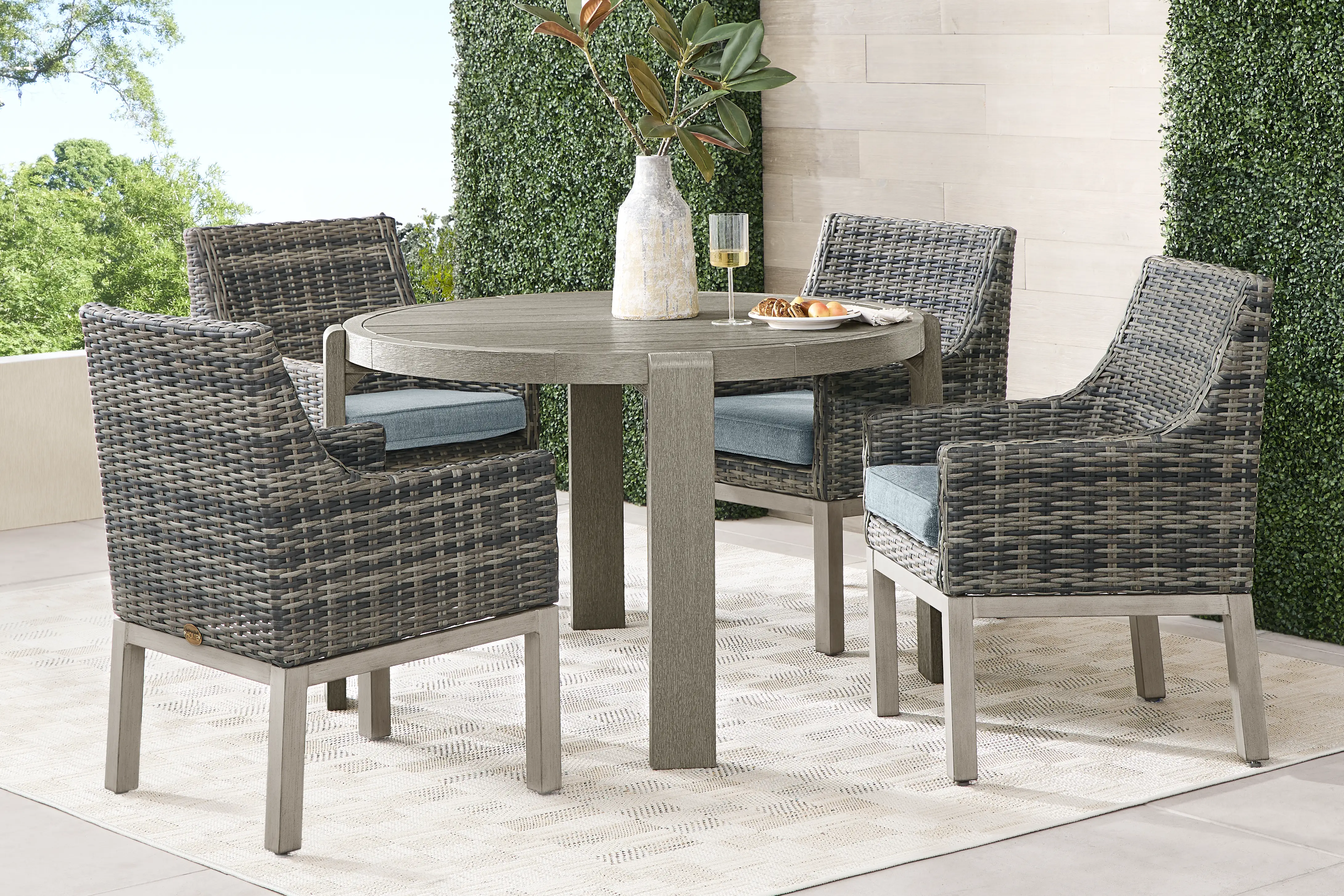 Montecello Gray 5 Pc Round Outdoor Dining Set with Azure Cushions - Thumbnail - Image 1