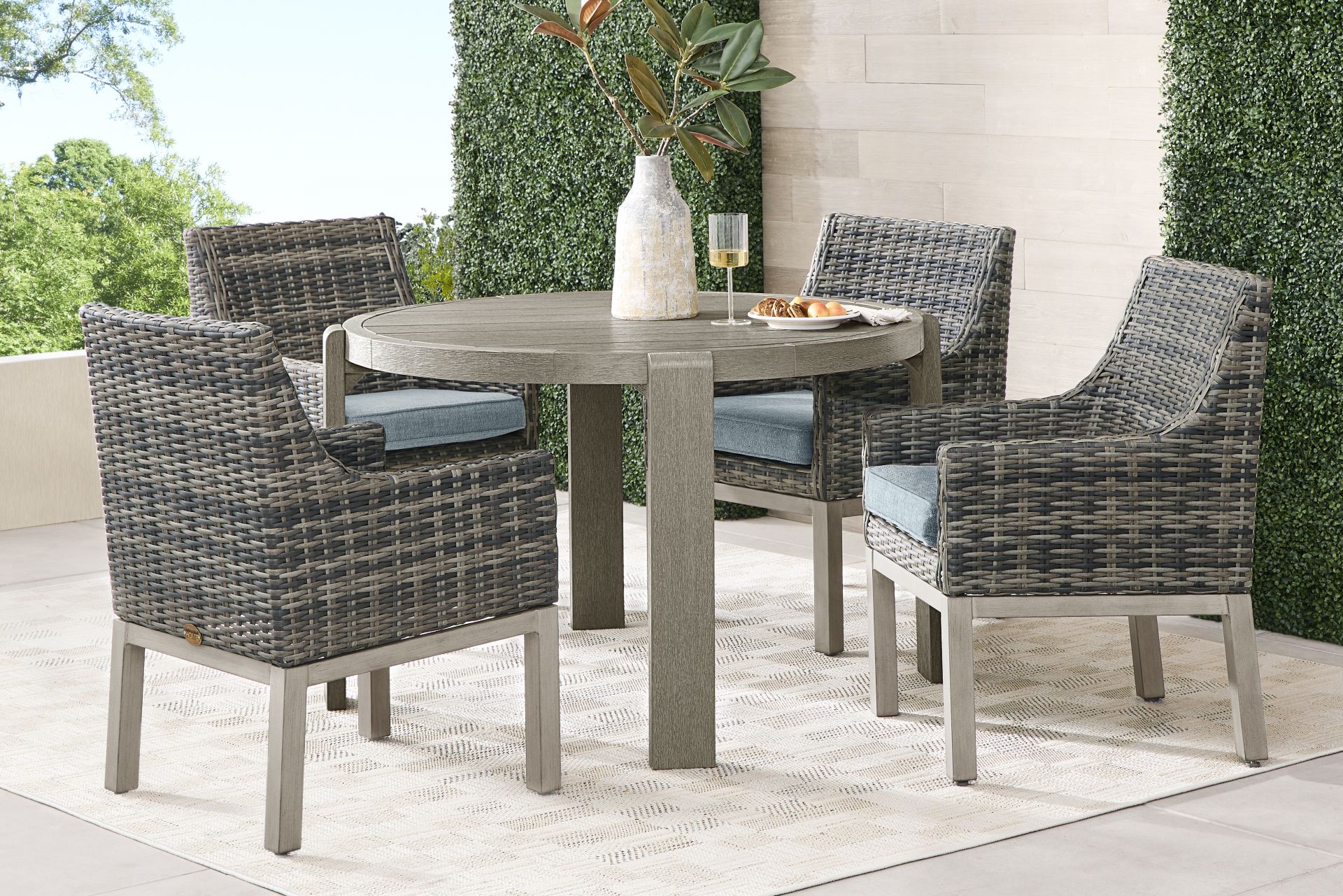 Montecello Gray 5 Pc Round Outdoor Dining Set with Azure Cushions - Image 1