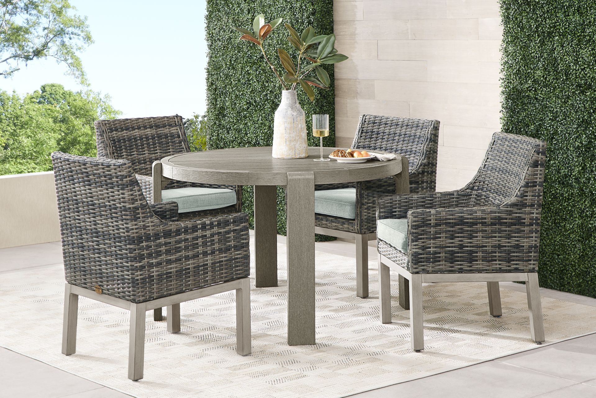 Montecello Gray 5 Pc Round Outdoor Dining Set with Mist Cushions - Image 1