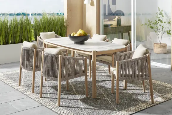 Koda Natural 7 Pc Outdoor Dining Set with Beige Arm Chairs