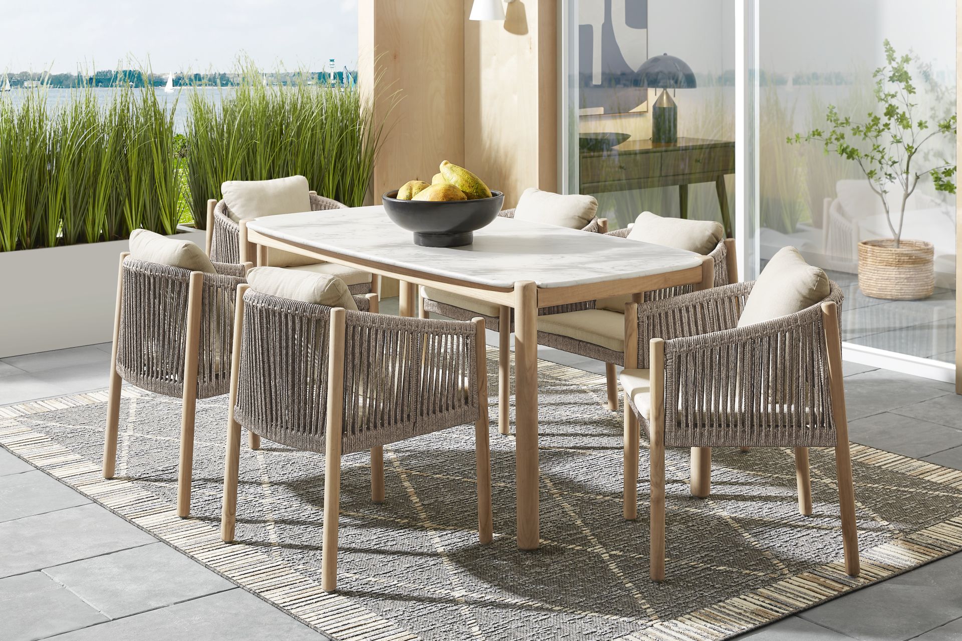 Koda Natural 7 Pc Outdoor Dining Set with Beige Arm Chairs - Image 1