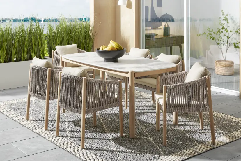 Koda Natural 7 Pc Outdoor Dining Set with Beige Arm Chairs