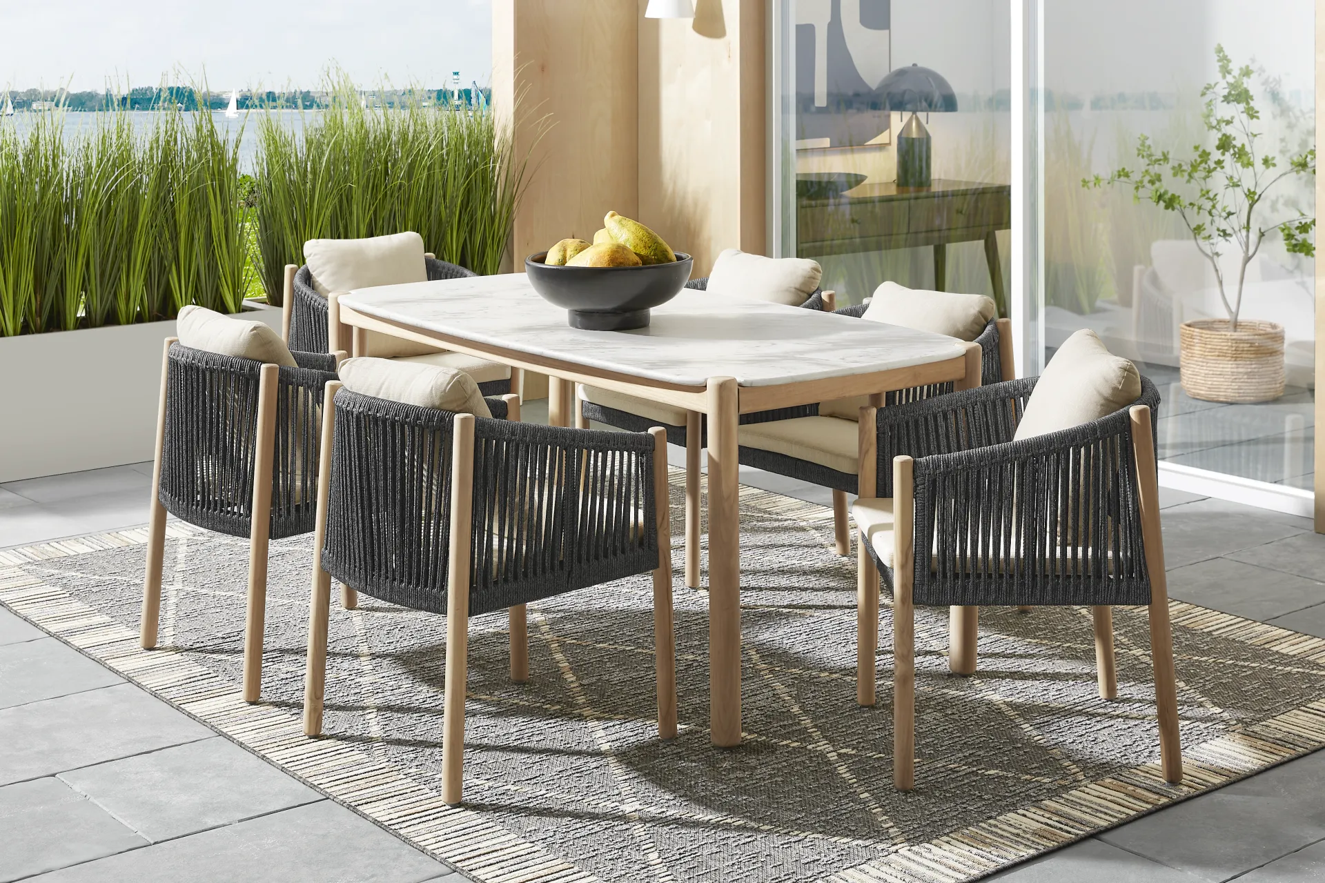 Koda Natural 7 Pc Outdoor Dining Set with Charcoal Arm Chairs - Image 1