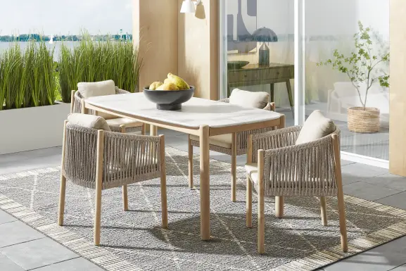 Koda Natural 5 Pc Outdoor Dining Set with Beige Arm Chairs