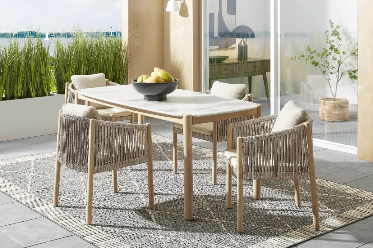 Koda Natural 5 Pc Outdoor Dining Set with Beige Arm Chairs