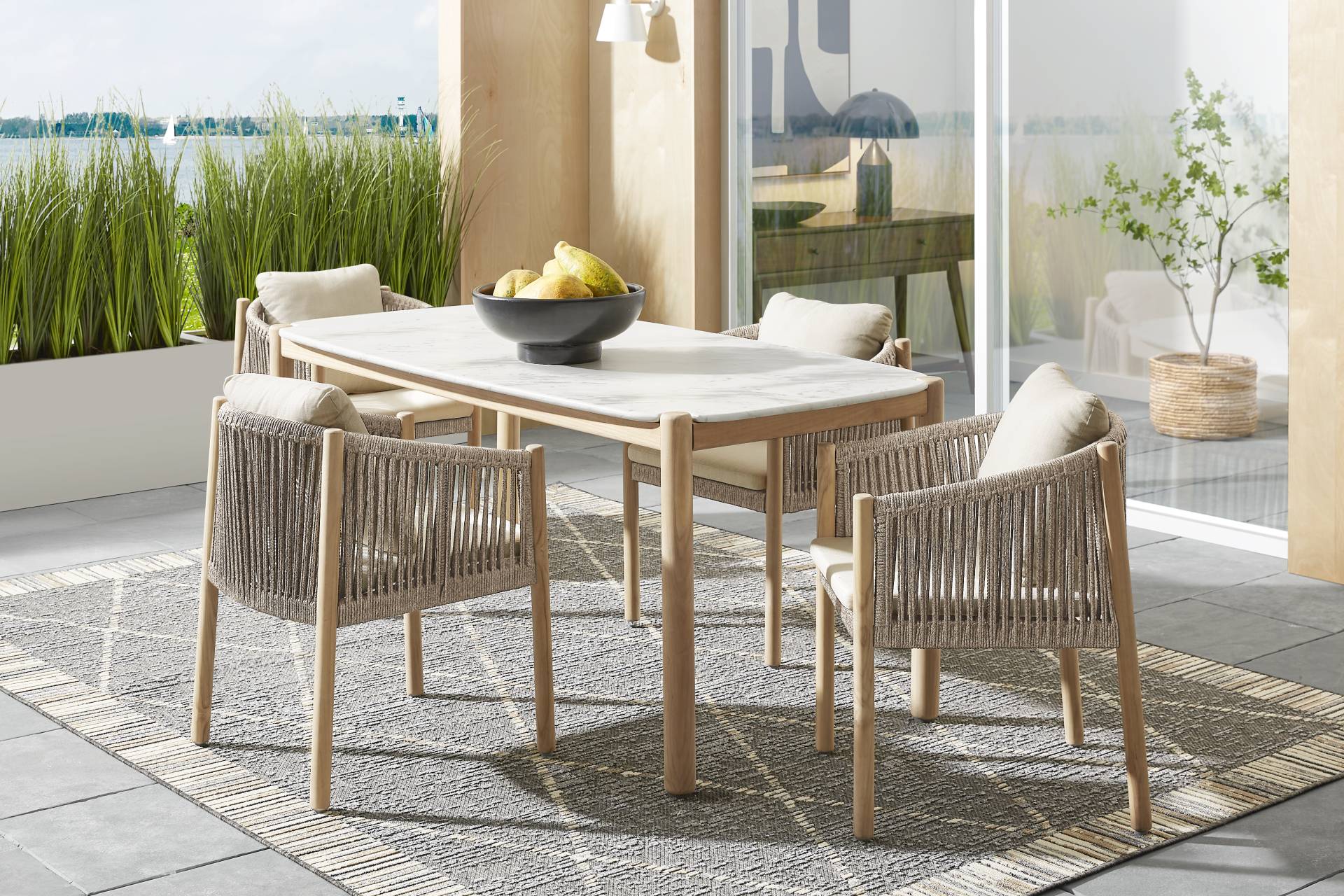 Koda Natural 5 Pc Outdoor Dining Set with Beige Arm Chairs full room