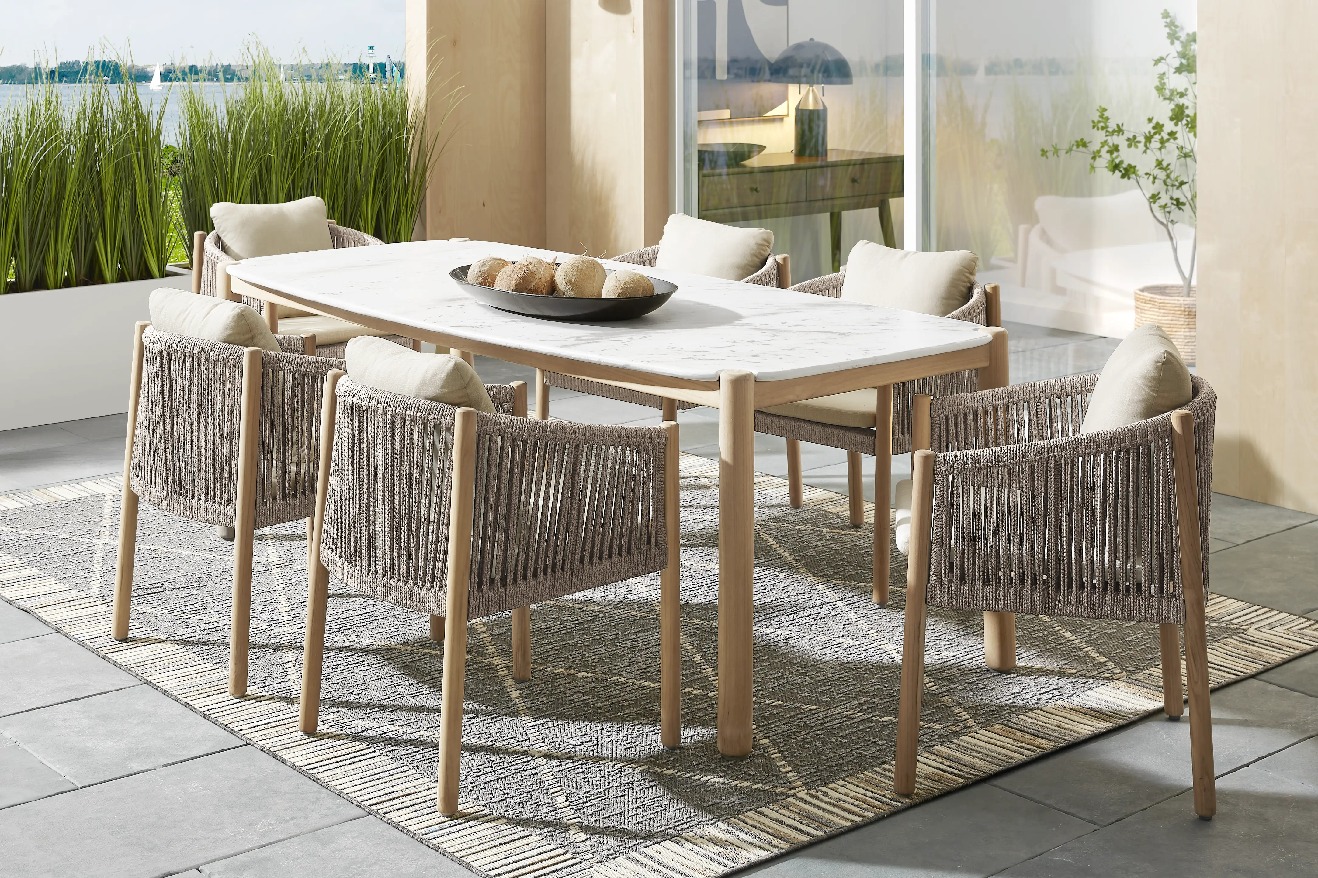 Koda Natural 7 Pc Outdoor Dining Set with Beige Arm Chairs - Thumbnail - Image 1