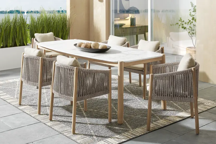 Koda Natural 7 Pc Outdoor Dining Set with Beige Arm Chairs