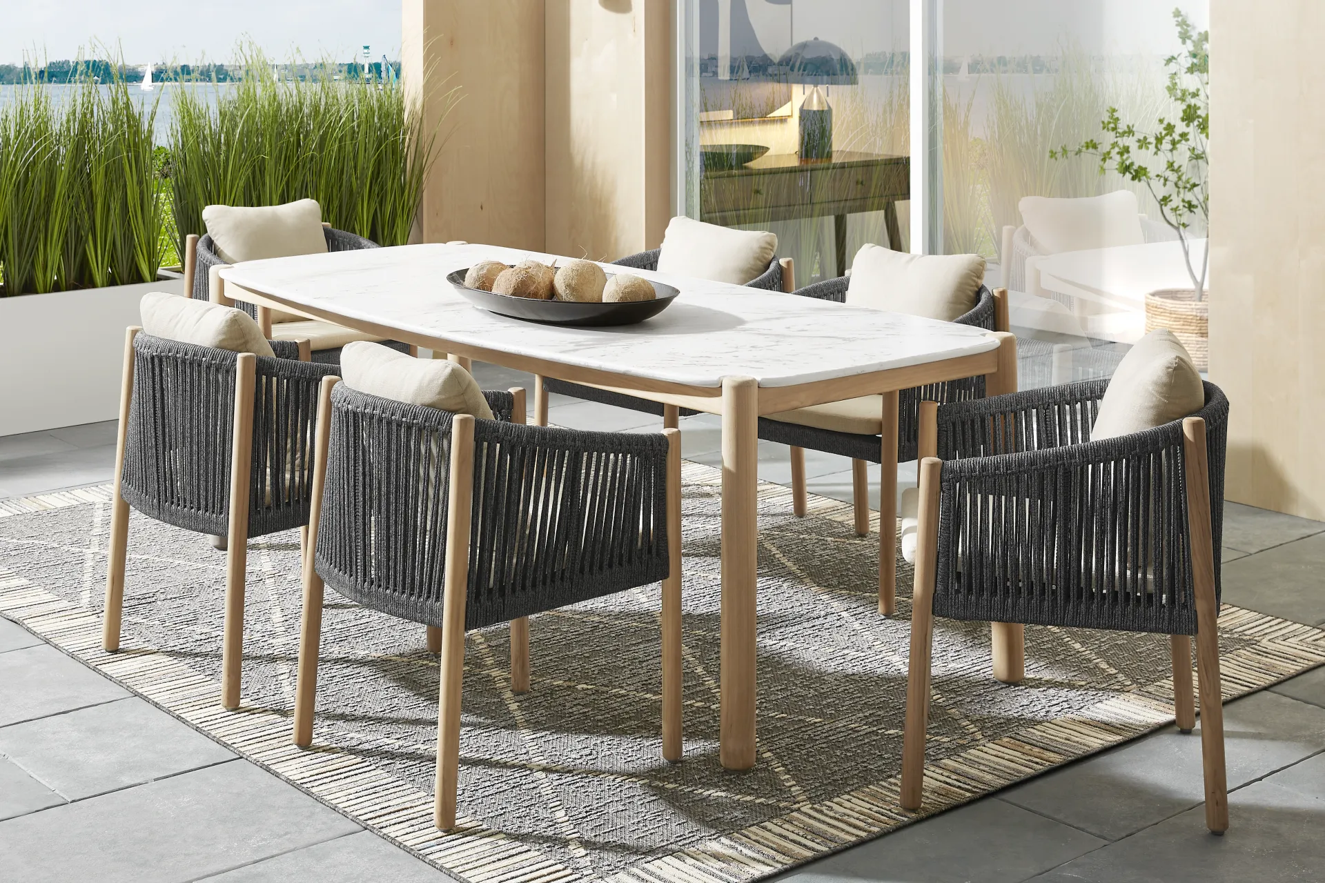 Koda Natural 7 Pc Outdoor Dining Set with Charcoal Arm Chairs - Image 1