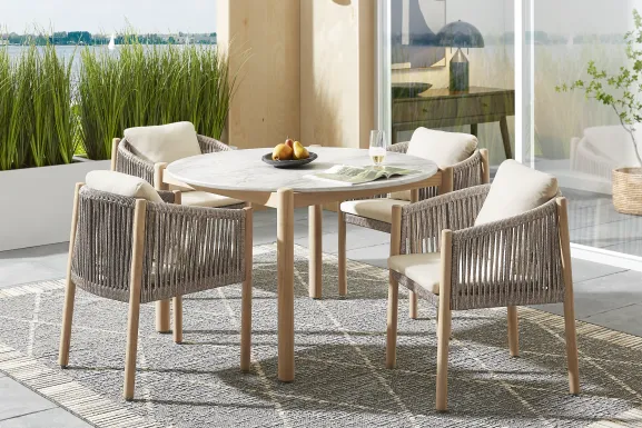 Koda Natural 5 Pc Round Outdoor Dining Set with Beige Arm Chairs
