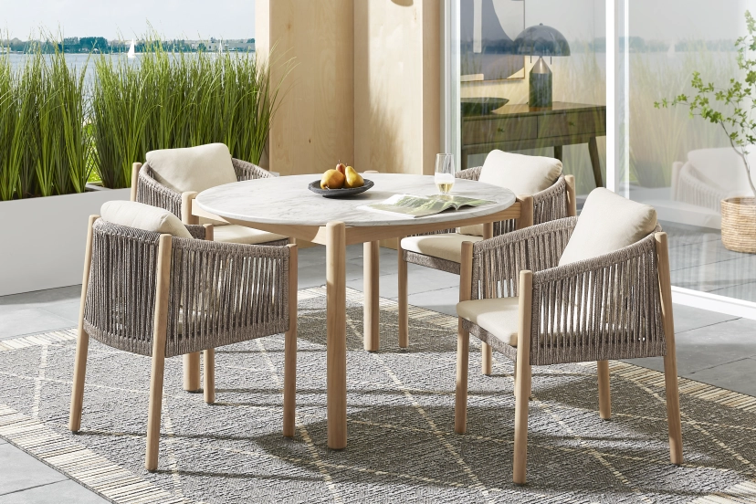 Koda Natural 5 Pc Round Outdoor Dining Set with Beige Arm Chairs