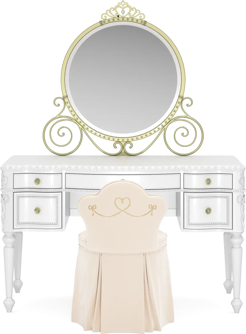 Disney Princess Sparkle White Desk with Carriage Mirror and Vanity Chair