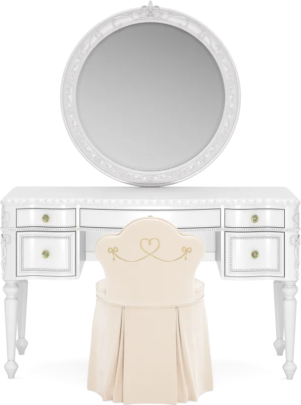 Disney Princess Sparkle White Desk with Round Mirror and Vanity Chair