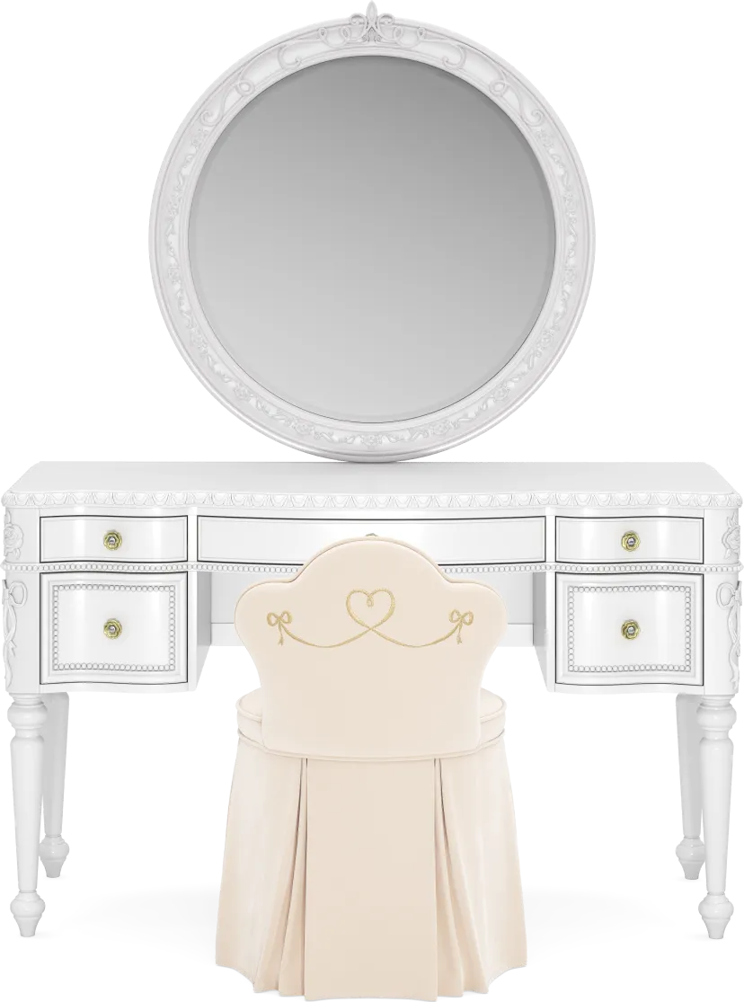 Disney Princess Sparkle White Desk with Round Mirror and Vanity Chair