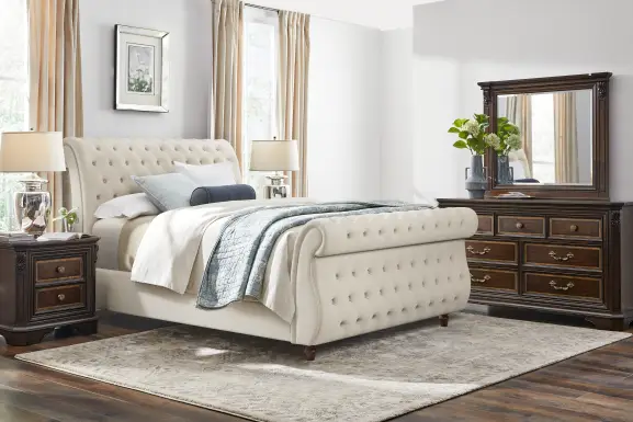 Fuller Brown Cherry Finish 5 Pc Bedroom with Ivy White Upholstered Queen Sleigh Bed