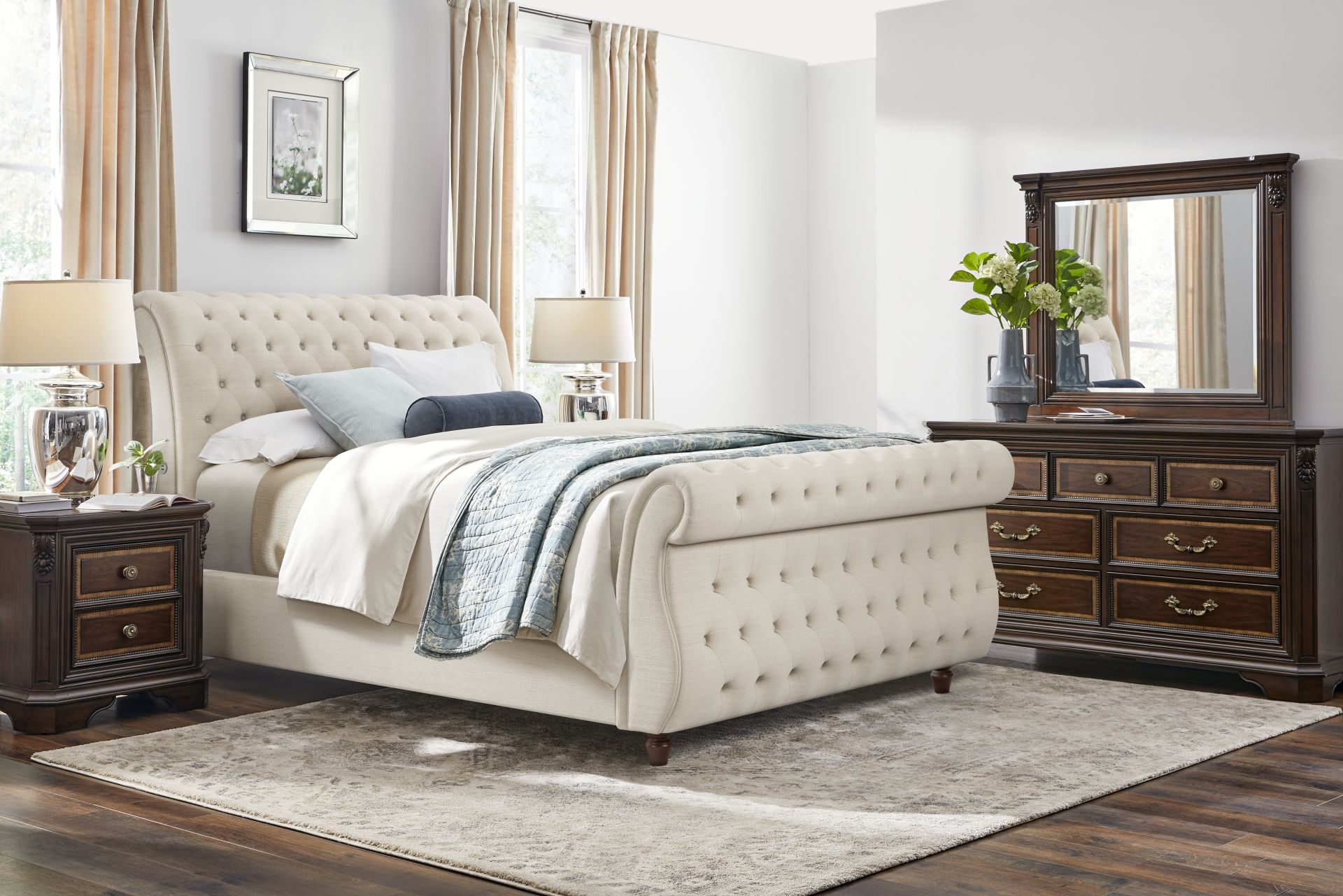 Fuller Brown Cherry Finish 5 Pc Bedroom with Ivy White Upholstered Queen Sleigh Bed - Image 1