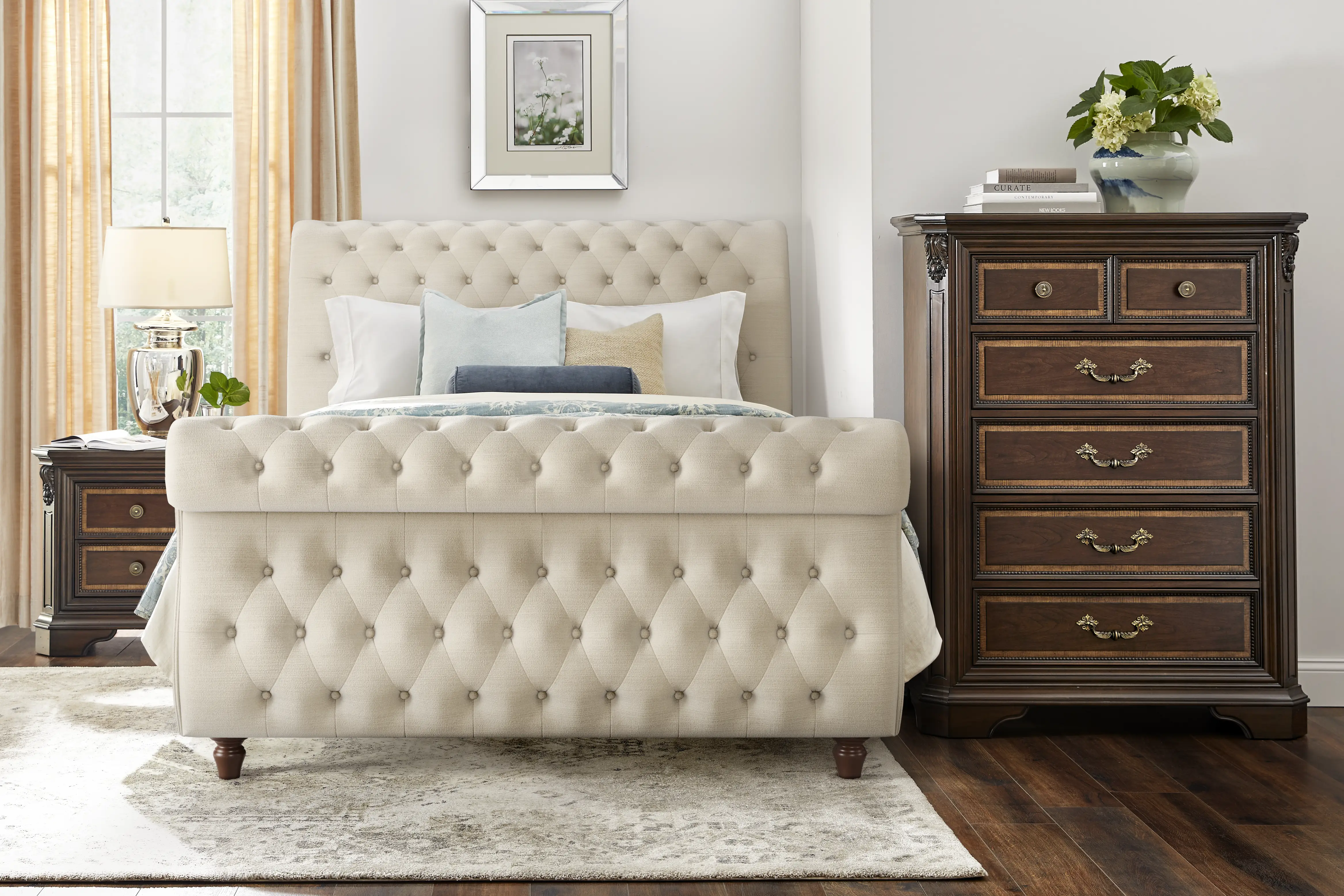 Fuller Brown Cherry Finish 5 Pc Bedroom with Ivy White Upholstered King Sleigh Bed - Thumbnail - Image 1