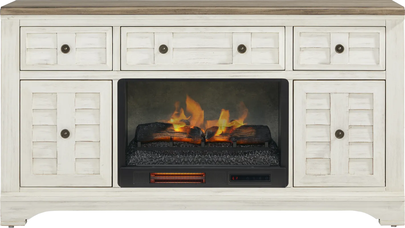 Edisto Bay White 64 in. Console with Electric Log Fireplace