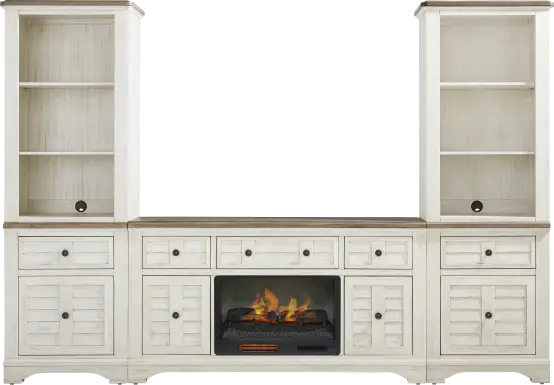 Edisto Bay White 3 Pc Wall Unit with 64 in. Console and Electric Log Fireplace