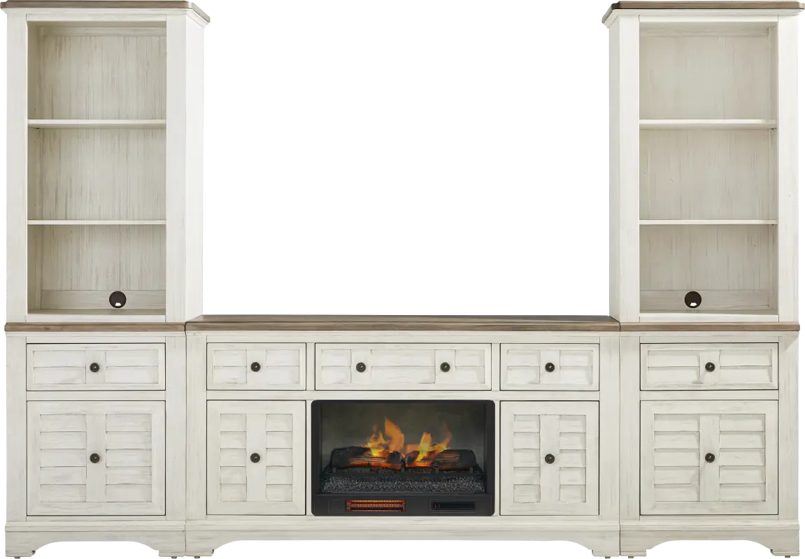 Edisto Bay White 3 Pc Wall Unit with 64 in. Console and Electric Log Fireplace