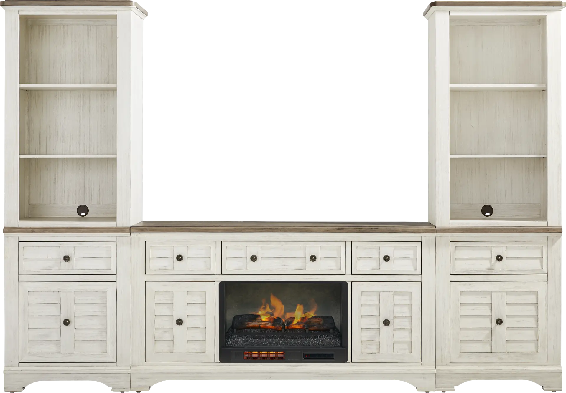 Edisto Bay White 3 Pc Wall Unit with 64 in. Console and Electric Log Fireplace