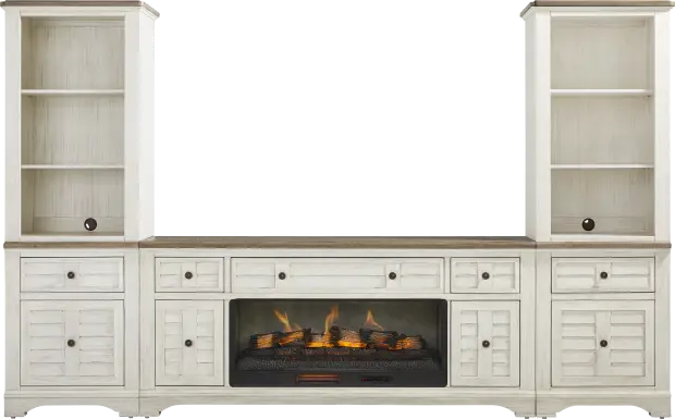 Edisto Bay White 3 Pc Wall Unit with 78 in. Console and Electric Log Fireplace