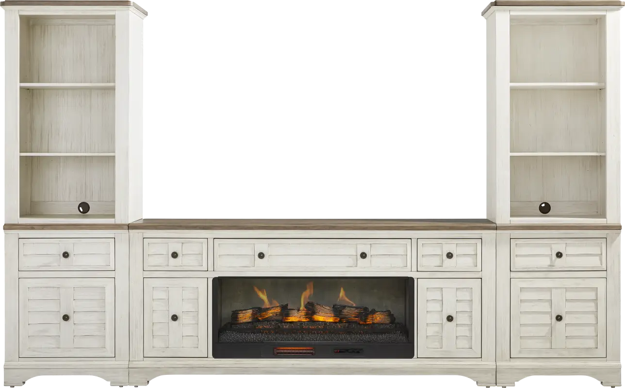Edisto Bay White 3 Pc Wall Unit with 78 in. Console and Electric Log Fireplace