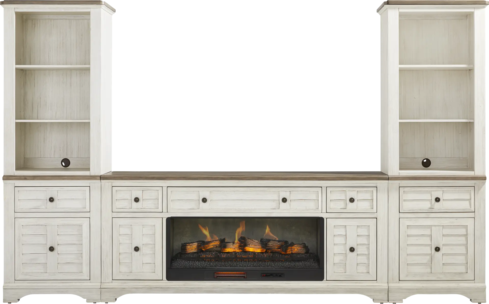 Edisto Bay White 3 Pc Wall Unit with 78 in. Console and Electric Log Fireplace