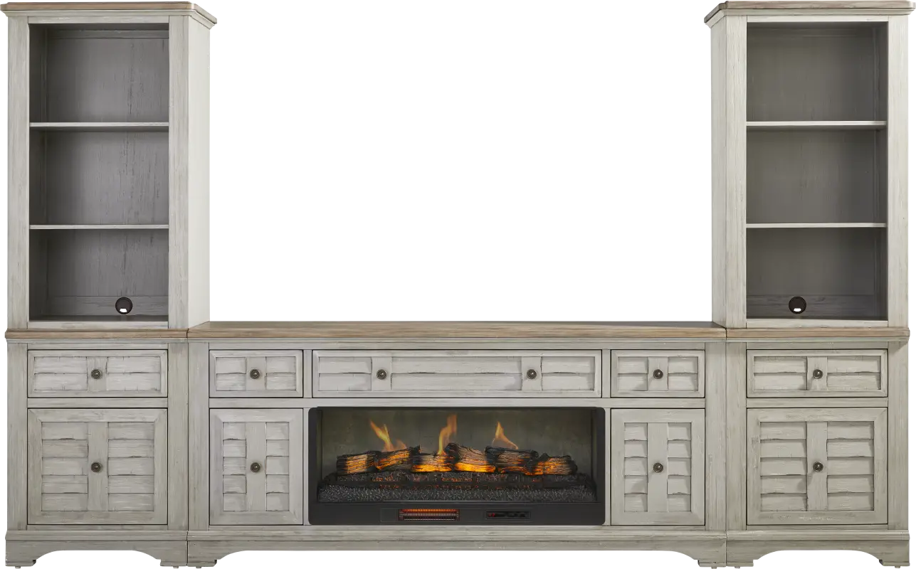 Edisto Bay Gray 3 Pc Wall Unit with 78 in. Console and Electric Log Fireplace