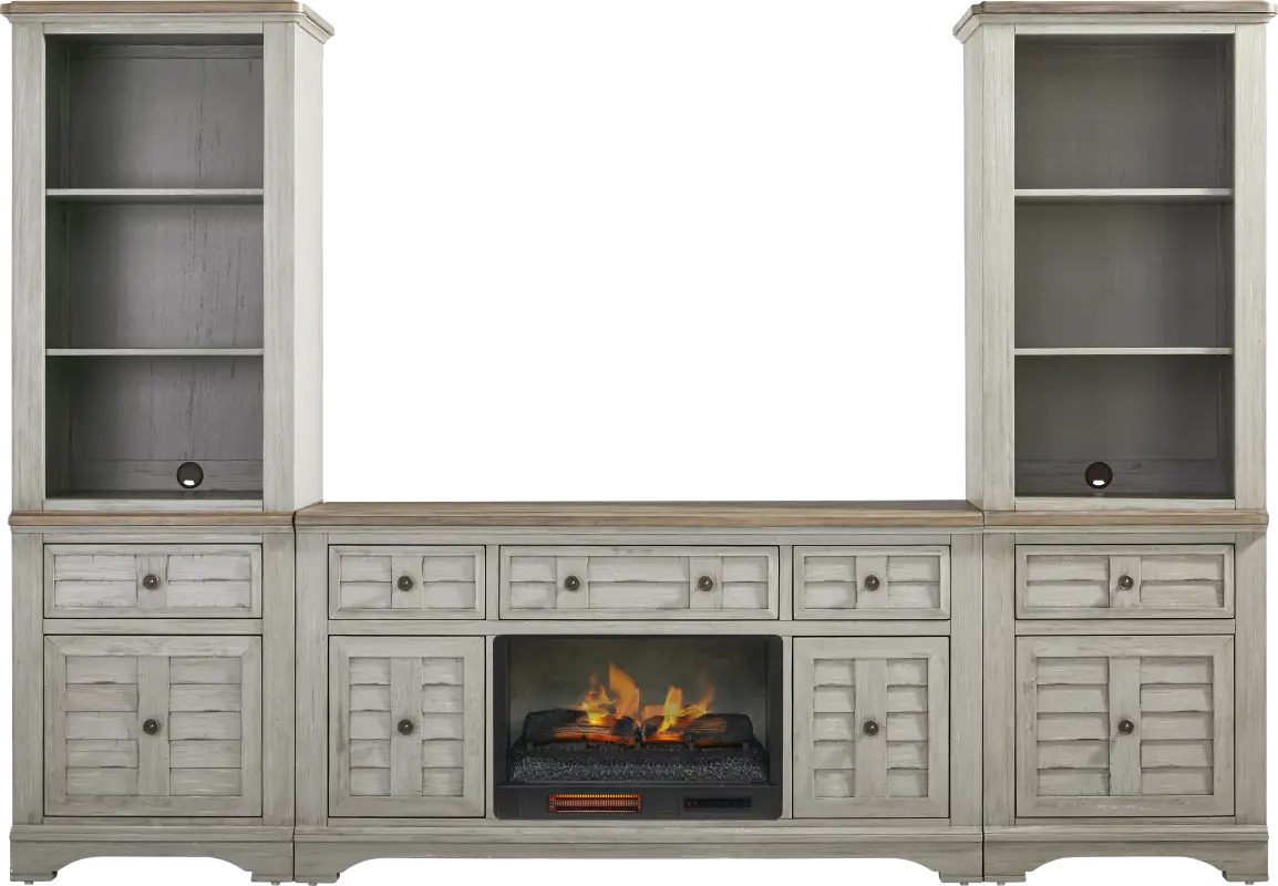 Edisto Bay Gray 3 Pc Wall Unit with 64 in. Console and Electric Log Fireplace
