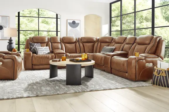Amplify Brown Leather 7 Pc Triple Power Sectional