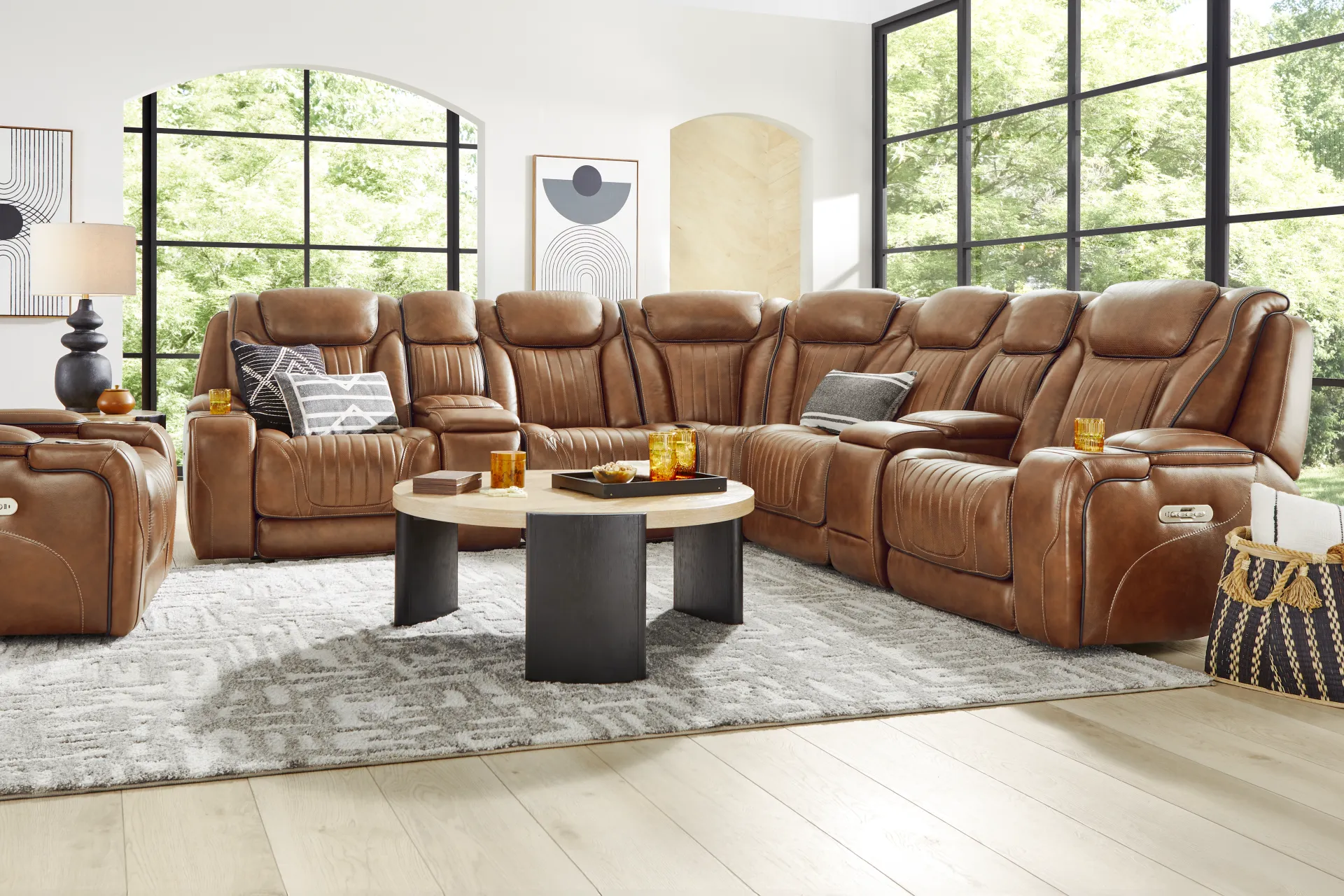 Amplify Brown Leather 7 Pc Triple Power Sectional - Image 1
