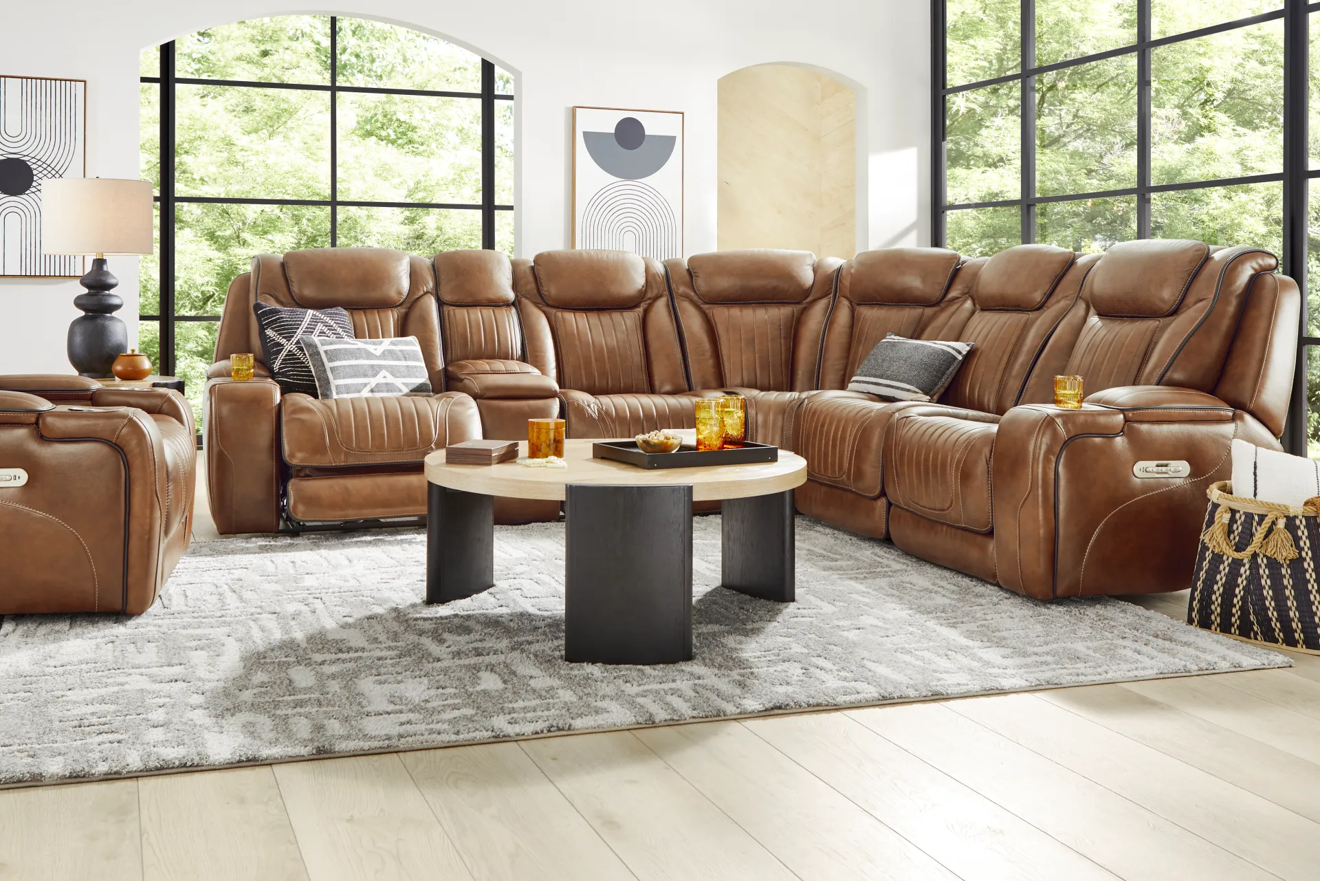 Amplify Brown Leather 6 Pc Triple Power Sectional - Image 1