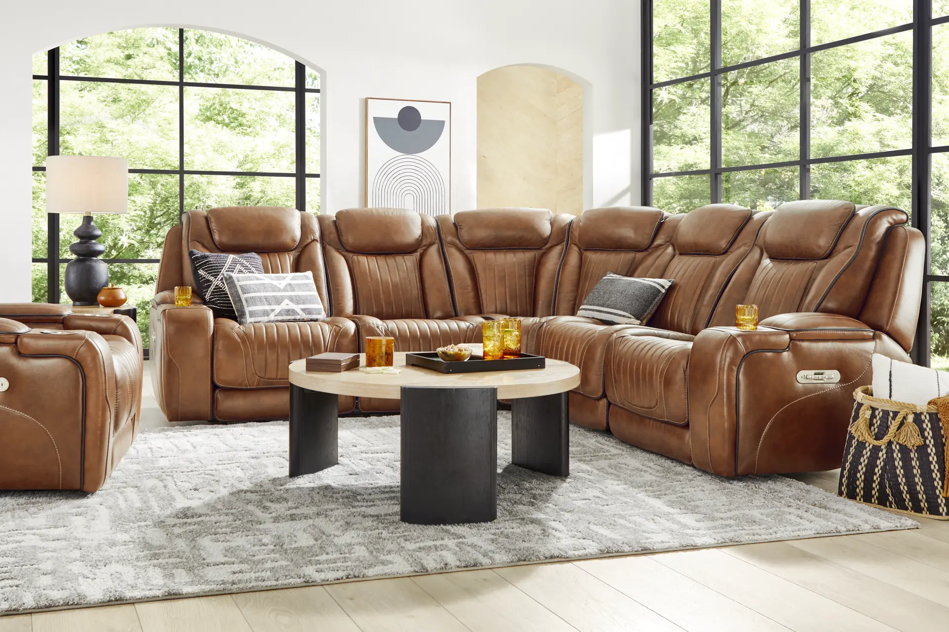 Amplify Brown Leather 5 Pc Triple Power Sectional