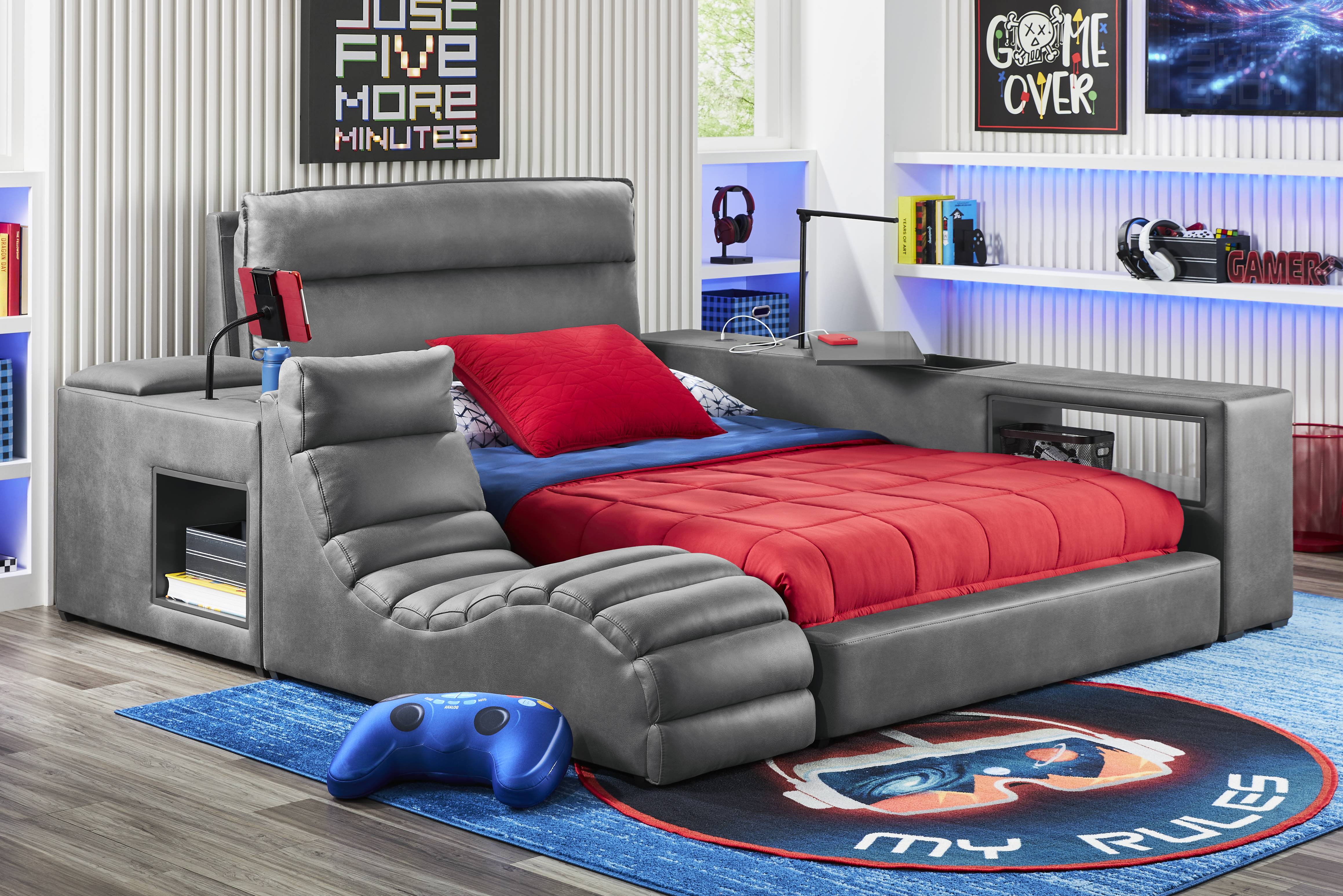 Kids Cloud9 Charcoal Full Upholstered Bed with Nightstand - Thumbnail - Image 2