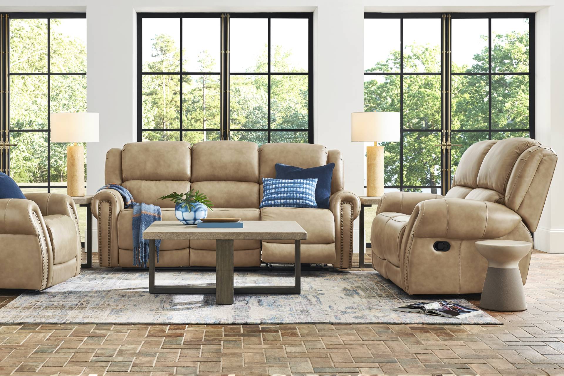 Churchill Taupe 3 Pc Leather Living Room with Dual Power Reclining Sofa full room